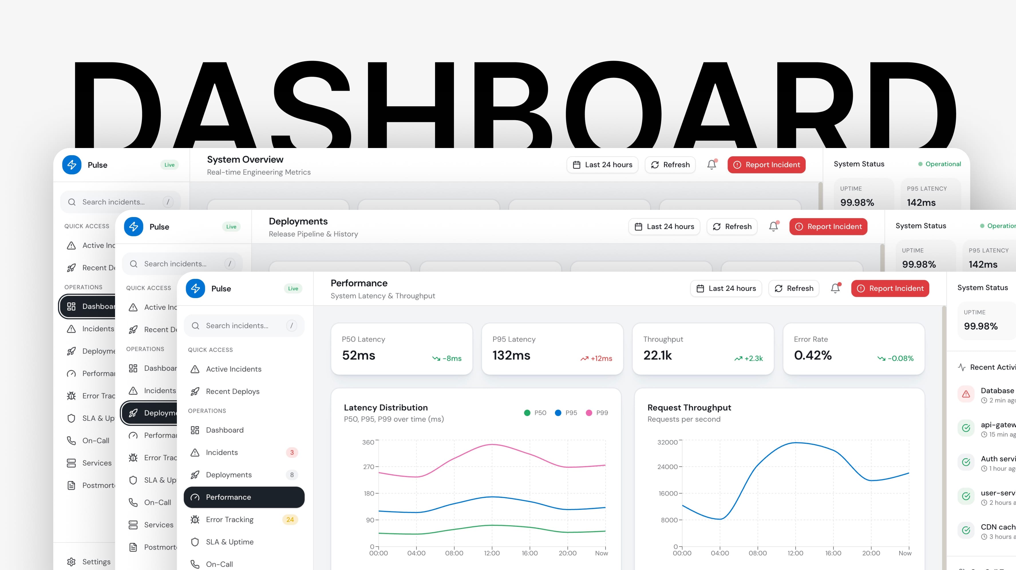 Pulse — Engineering Metrics & Incident Response — Free Dashboard v0 template preview built with Next.js and Tailwind CSS