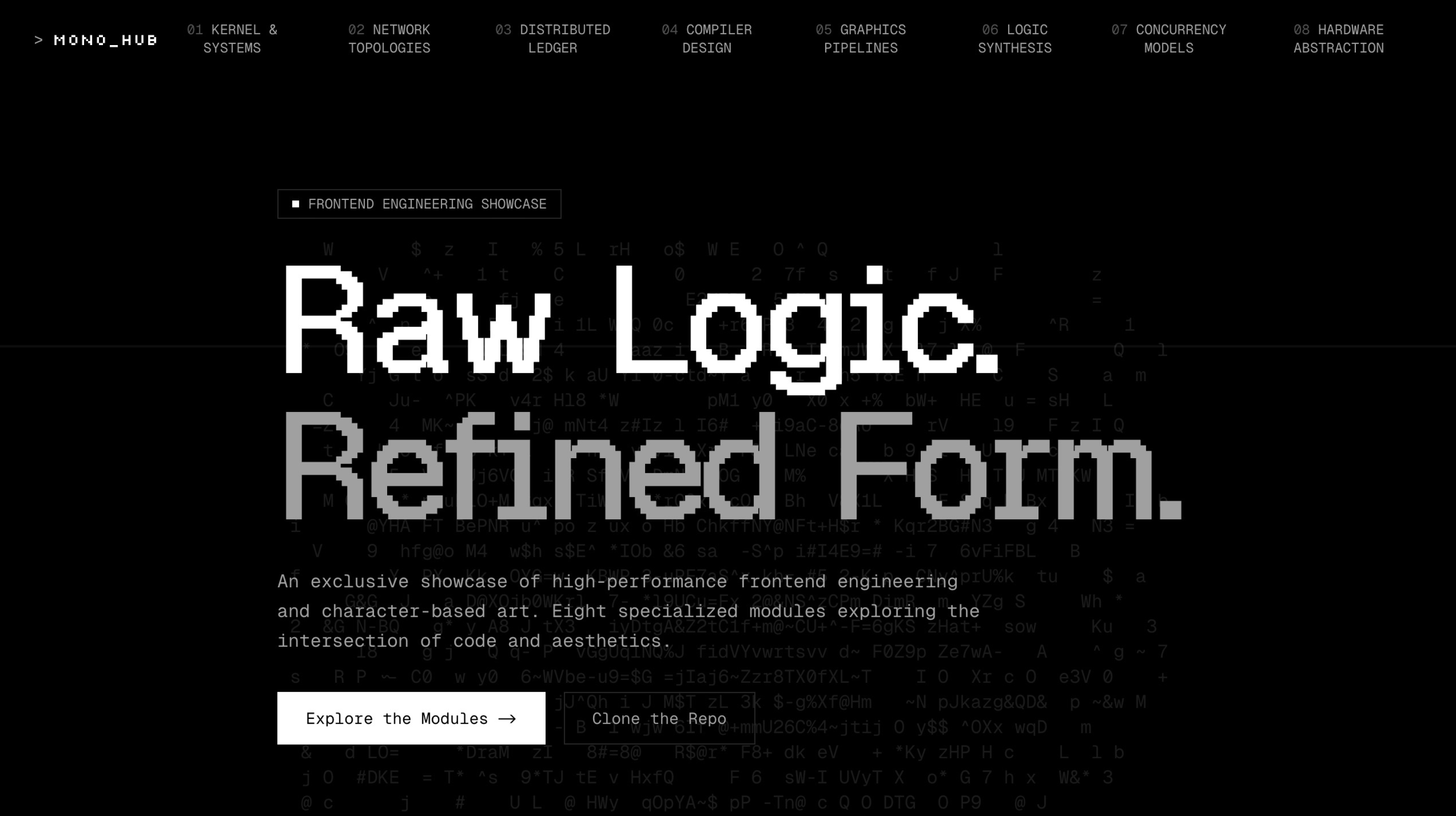 Monochrome ASCII Hub — Free Portfolio v0 template preview built with Next.js and Tailwind CSS
