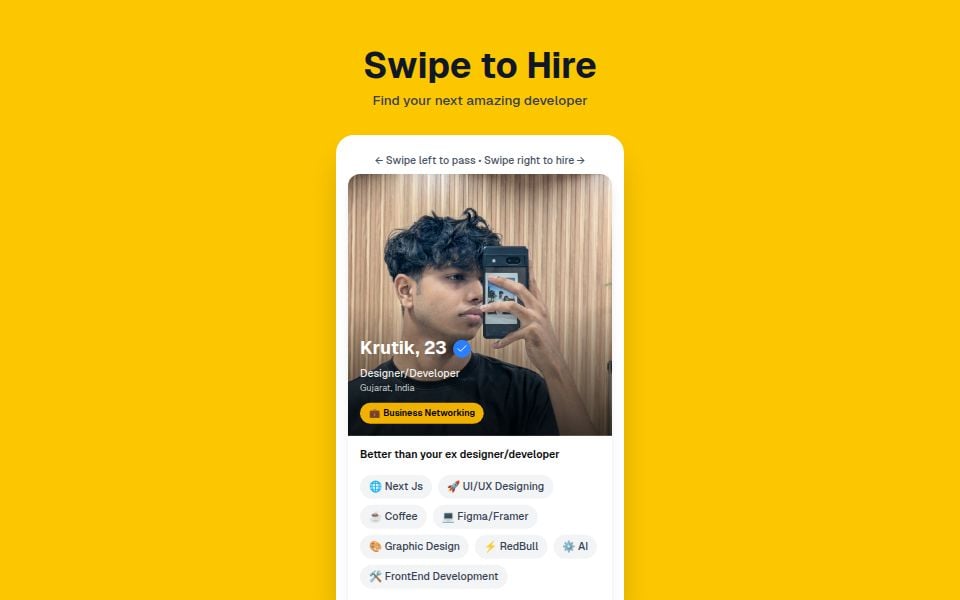 Bumble Style Swipe to Hire Component - Components Templates - v0 by Vercel