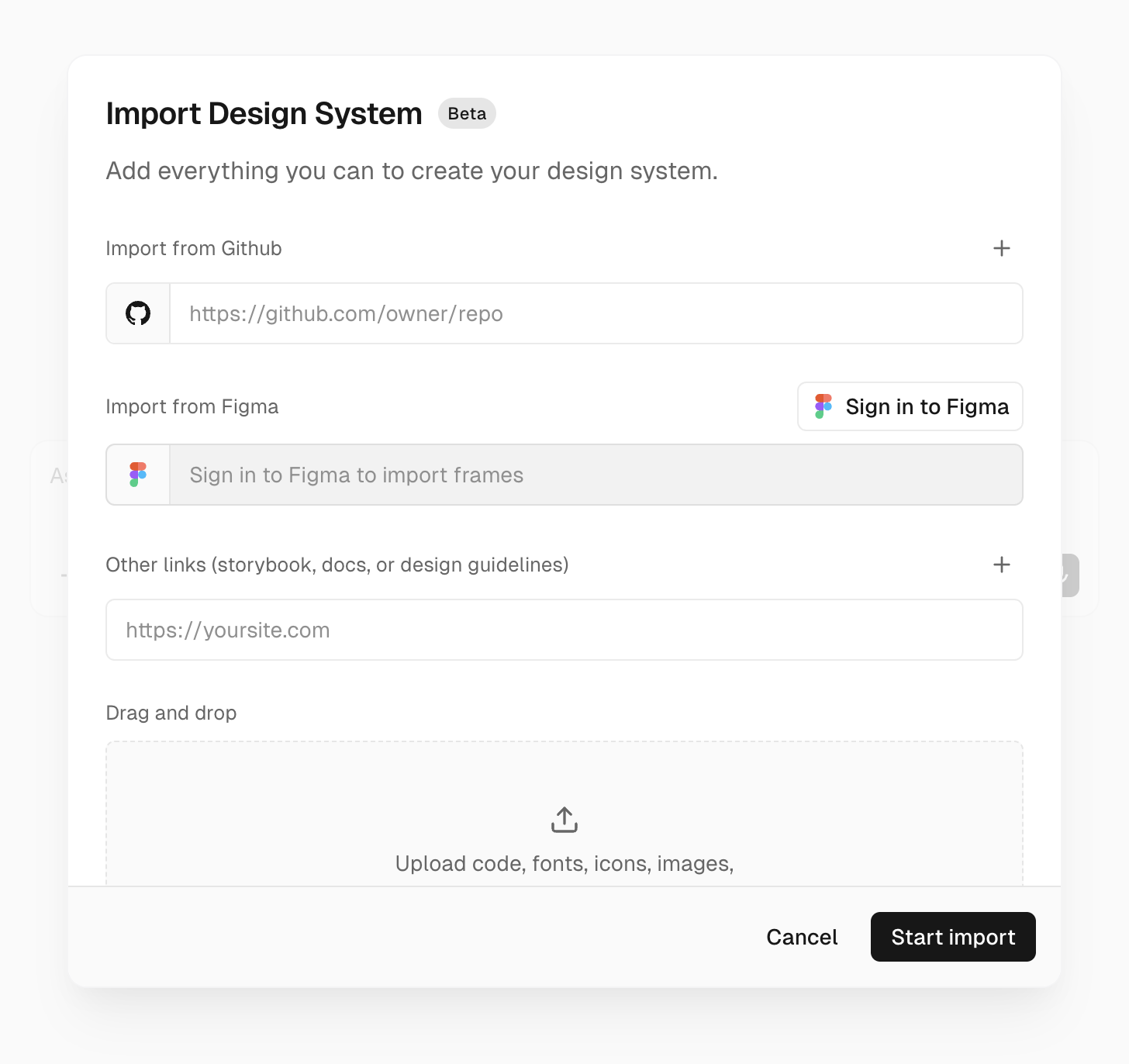 Import Design System dialog showing GitHub, Figma, and link import options