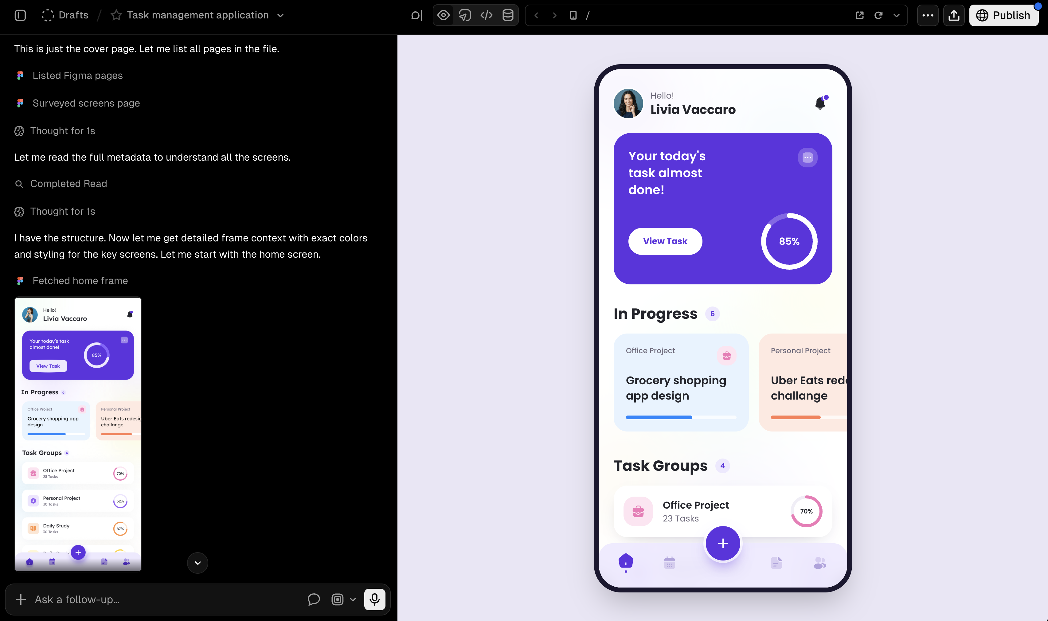 v0 reading Figma pages and frame details while building a task management app