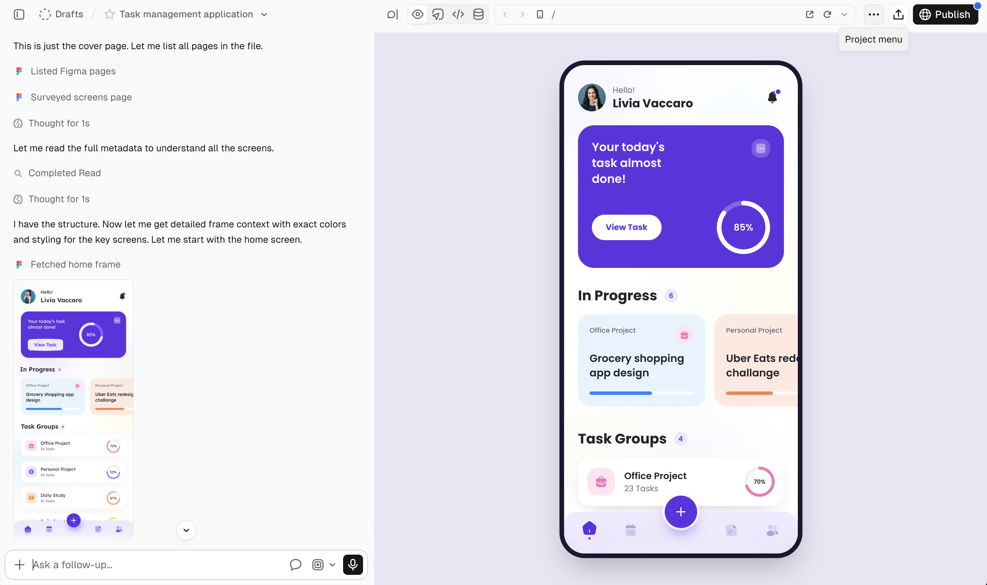 v0 reading Figma pages and frame details while building a task management app