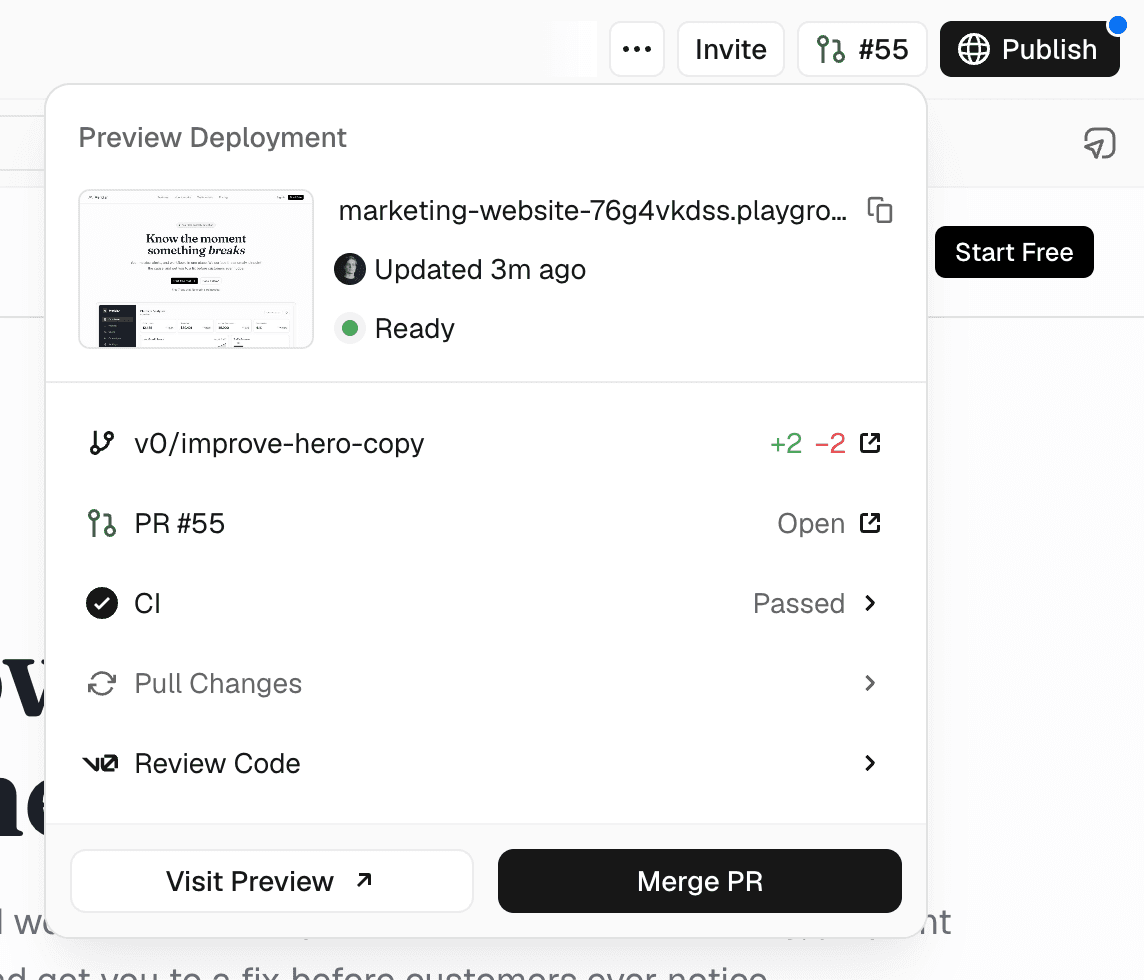 The branch menu showing a ready preview deployment, an open pull request, passing CI checks, and actions to visit the preview, review code, or merge the pull request