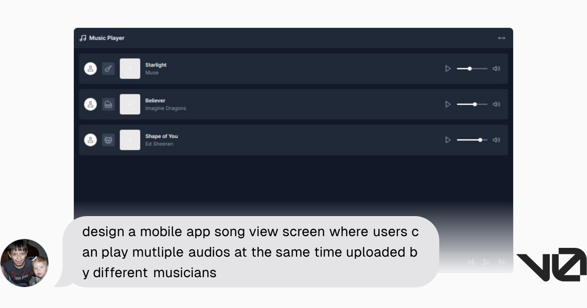 design a mobile app song view screen where users can play mutliple ...