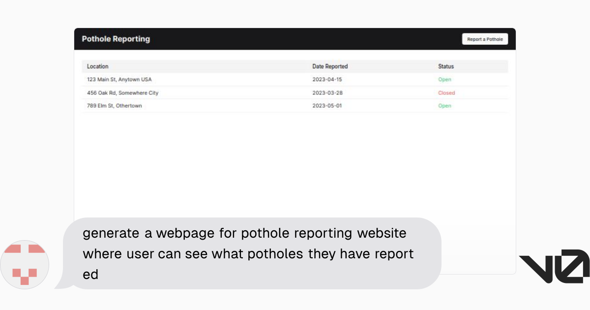 generate a webpage for pothole reporting website where user can see ...