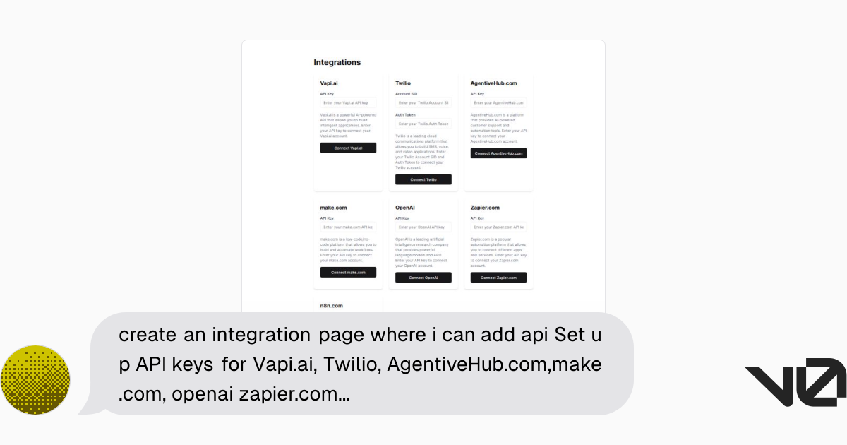 create an integration page where i can add api Set up API keys for Vapi ...
