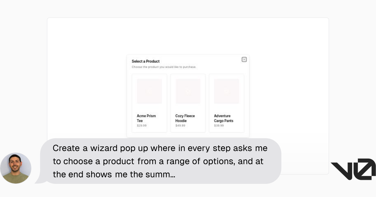 Create a wizard pop up where in every step asks me to choose a product ...