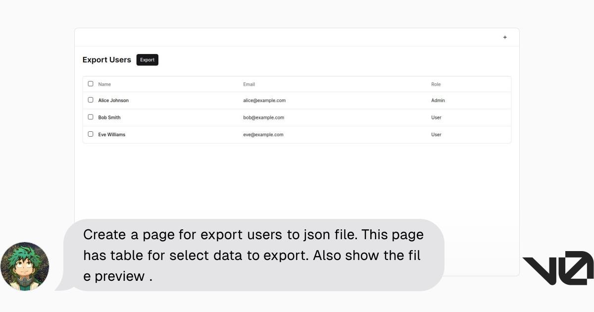 Create a page for export users to json file. This page has table for ...