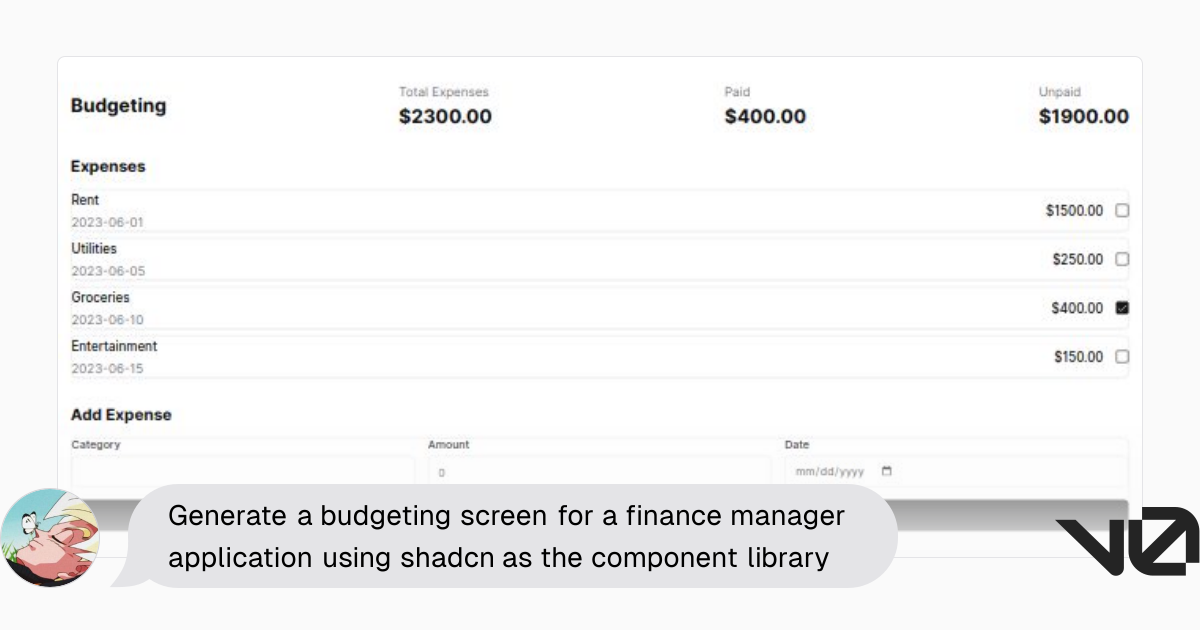 Generate a budgeting screen for a finance manager application using ...