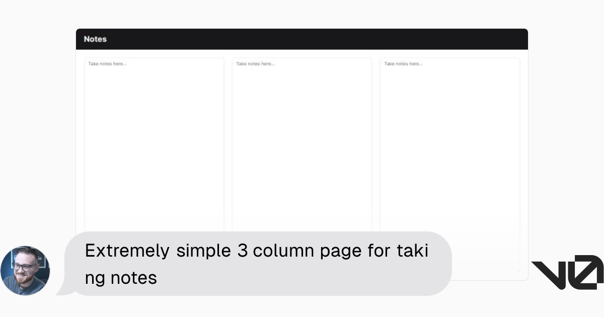Extremely simple 3 column page for taking notes | A shadcn/ui and v0 ...
