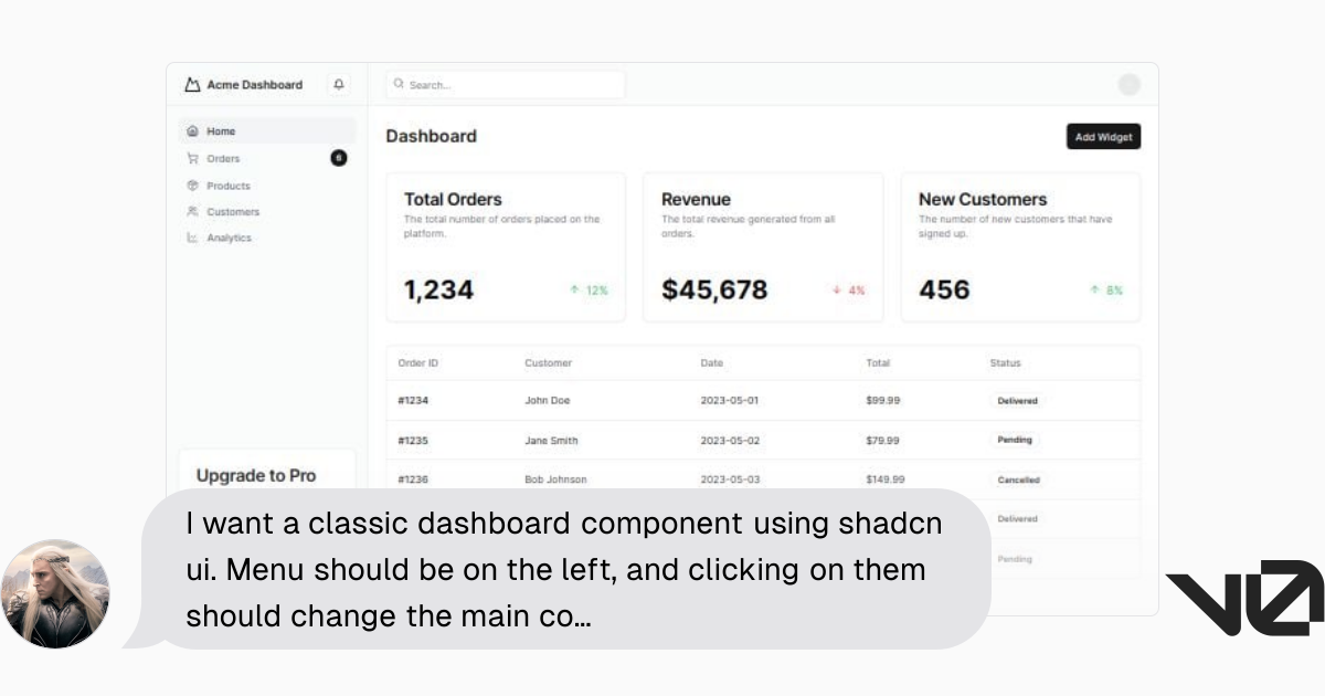 I want a classic dashboard component using shadcn ui. Menu should be on ...