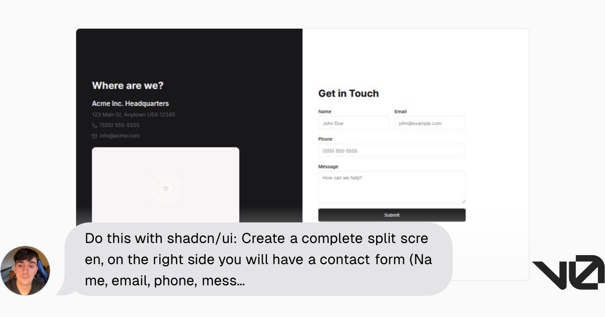 Do this with shadcn/ui: Create a complete split screen, on the right ...