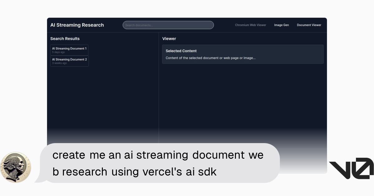 create me an ai streaming document web research using vercel's ai sdk ...