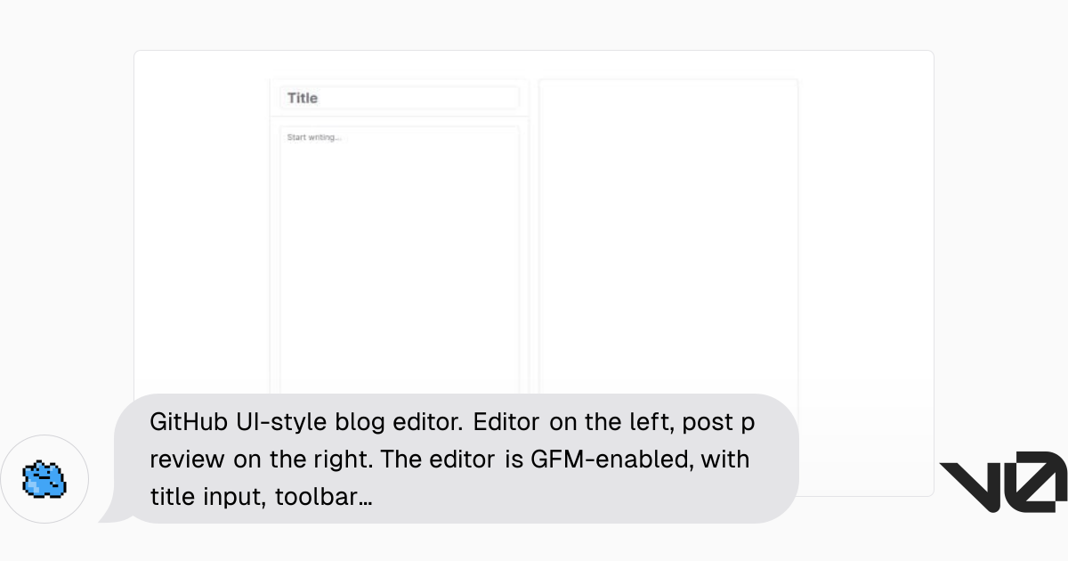 GitHub UI-style blog editor. Editor on the left, post preview on the ...