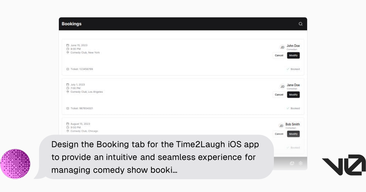 Design the Booking tab for the Time2Laugh iOS app to provide an ...