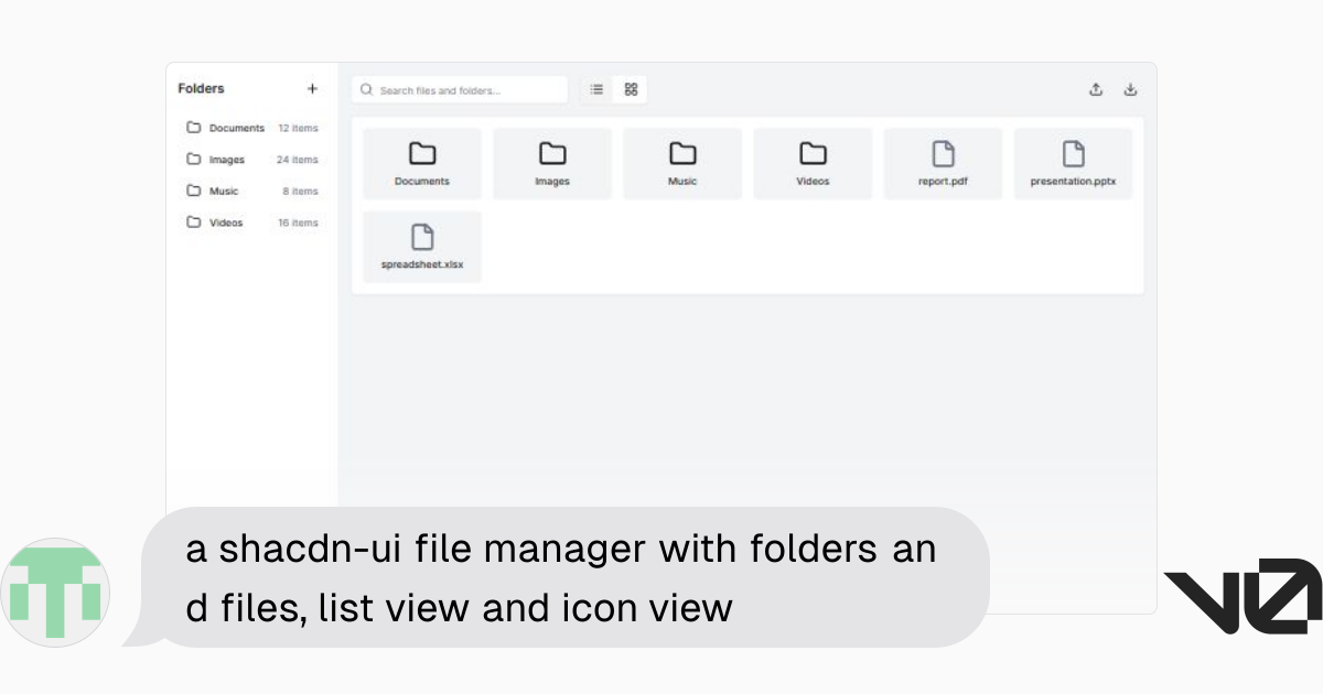 a shacdn-ui file manager with folders and files, list view and icon ...
