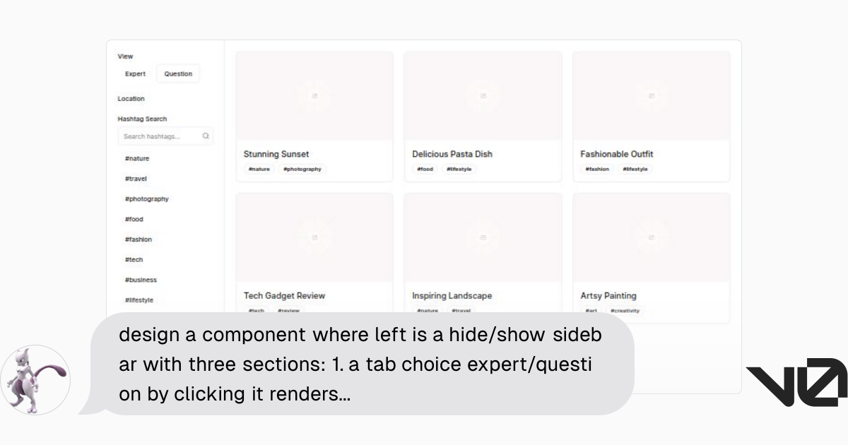 design a component where left is a hide/show sidebar with three ...