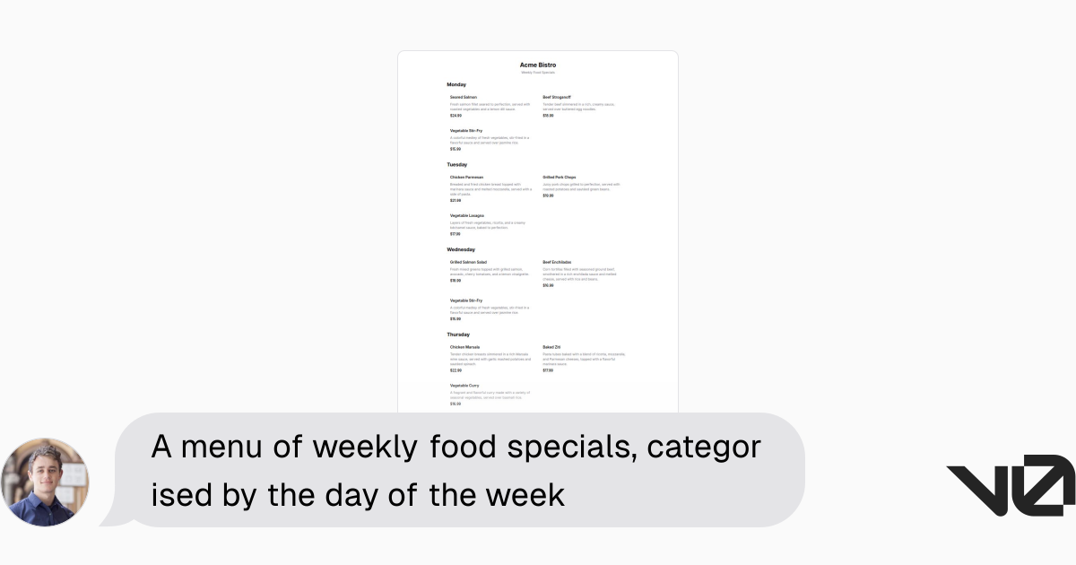 A menu of weekly food specials, categorised by the day of the week | A ...