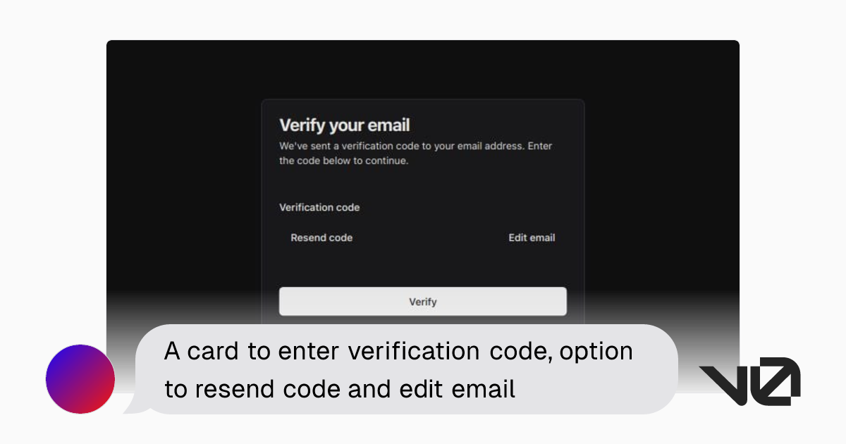 A card to enter verification code, option to resend code and edit email ...