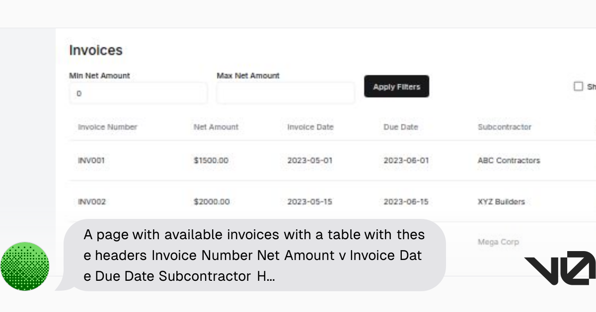 A page with available invoices with a table with these headers Invoice ...