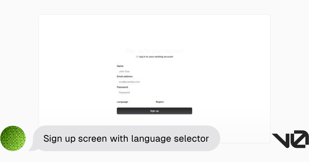 Sign up screen with language selector | A shadcn/ui and v0 generation - v0