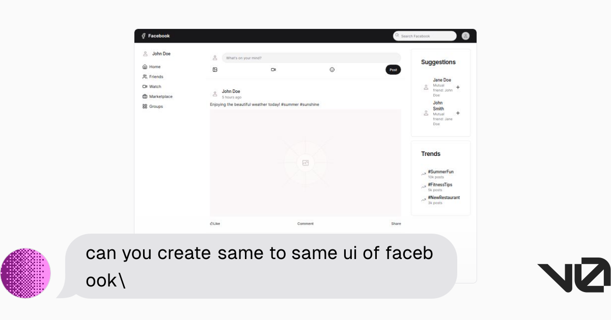 can you create same to same ui of facebook\ | A shadcn/ui and v0 ...