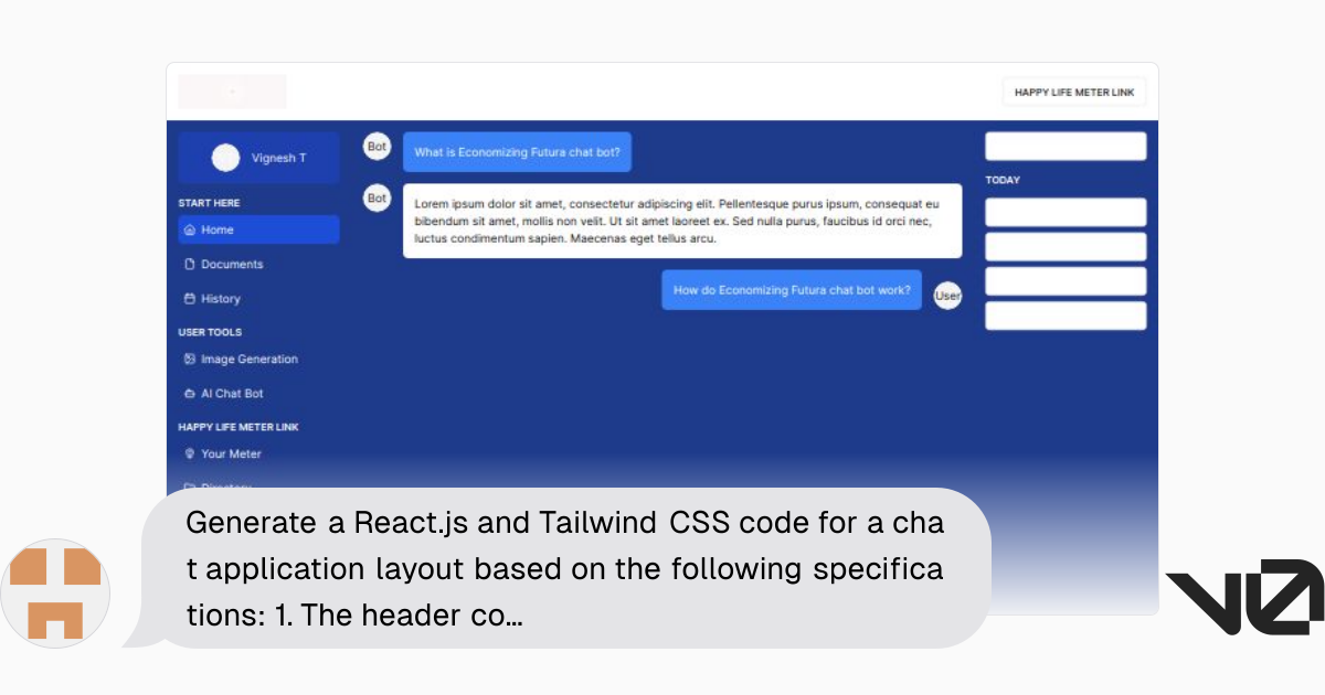 Generate a React.js and Tailwind CSS code for a chat application layout ...
