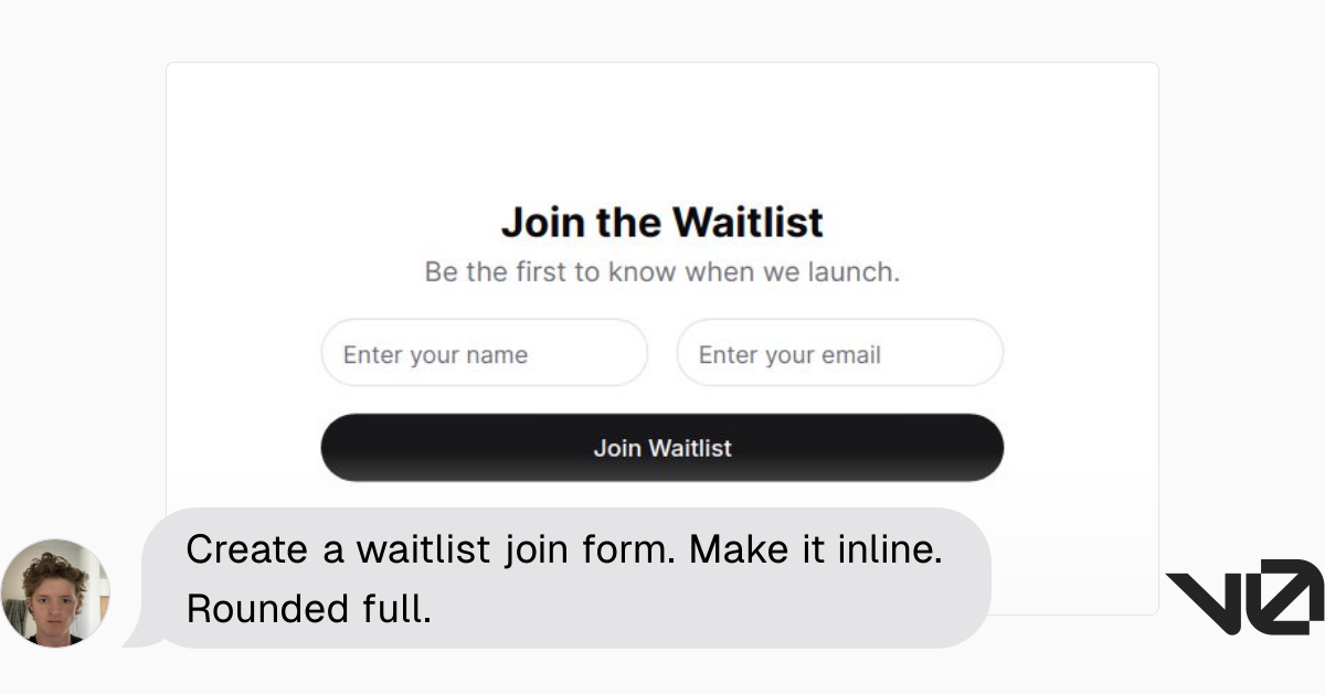 Create a waitlist join form. Make it inline. Rounded full. | A shadcn ...