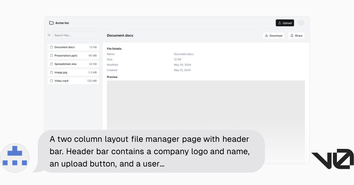 A two column layout file manager page with header bar. Header bar ...