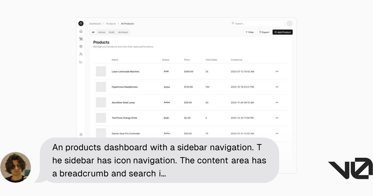 An products dashboard with a sidebar navigation. The sidebar has icon ...