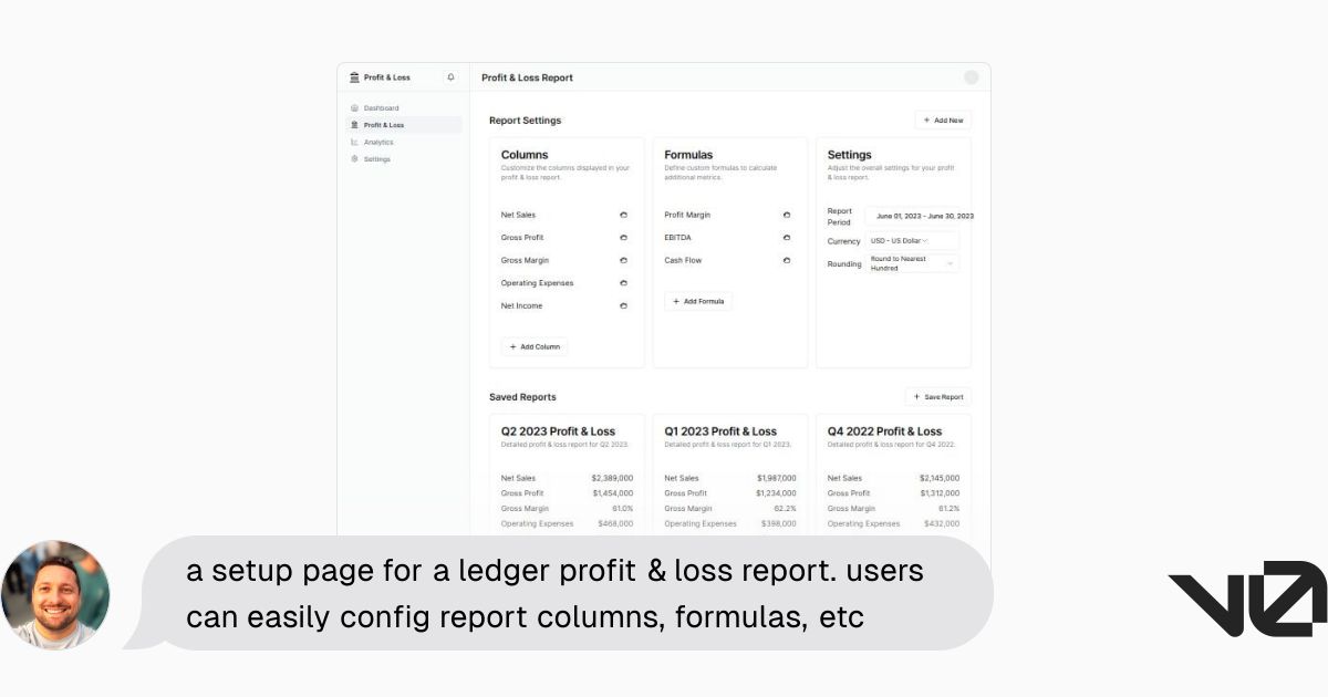 a setup page for a ledger profit & loss report. users can easily config ...