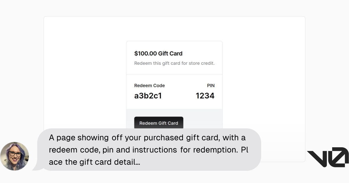 A page showing off your purchased gift card, with a redeem code, pin ...