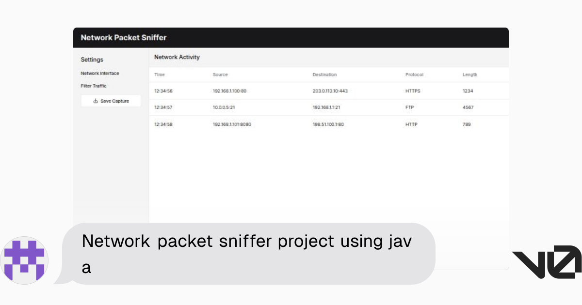 Network packet sniffer project using java | A shadcn/ui and v0 ...