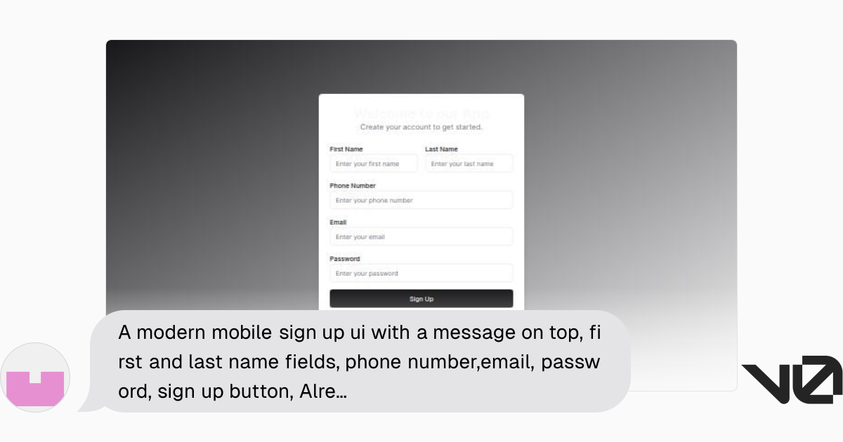 A modern mobile sign up ui with a message on top, first and last name ...