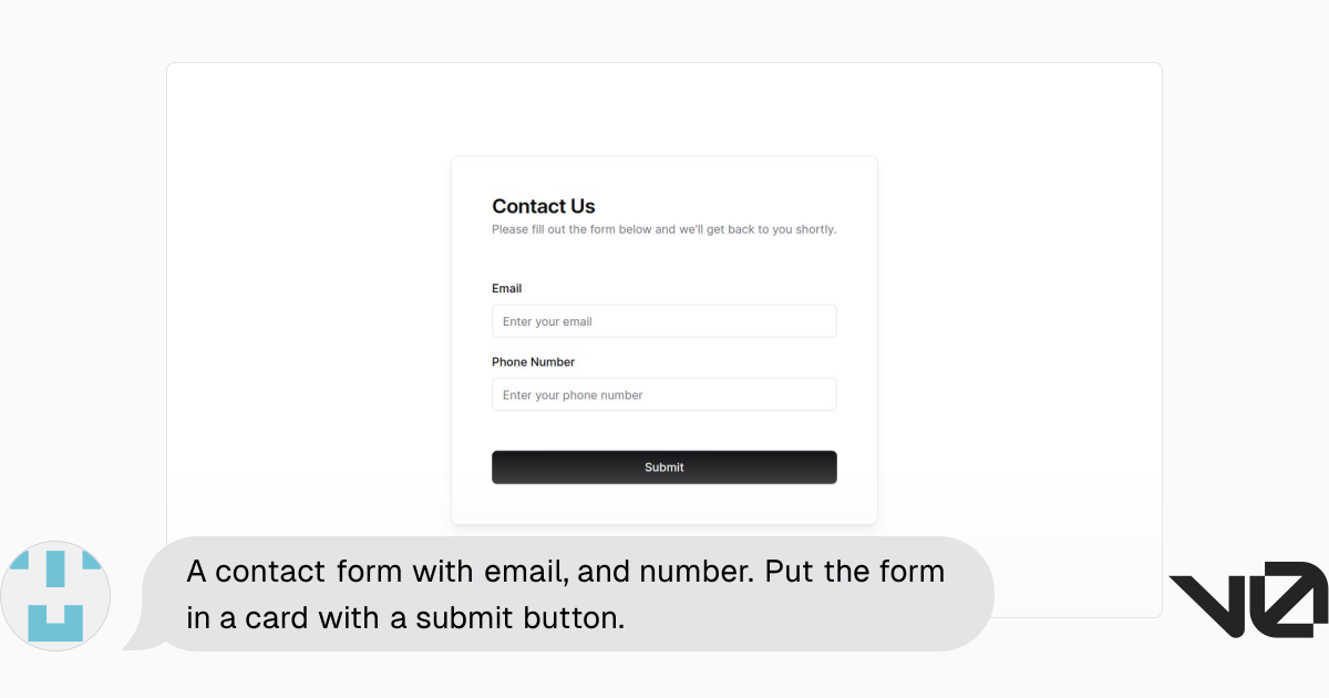 A contact form with email, and number. Put the form in a card with a ...